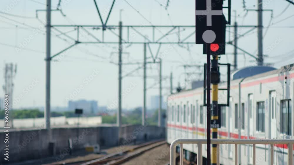 Blur of a rush hour commuterline electric train leaving the station on rails on a bridge past a train traffic light Blur of a rush hour commuterline electric train leaving the station on rails on a bridge past a train traffic light