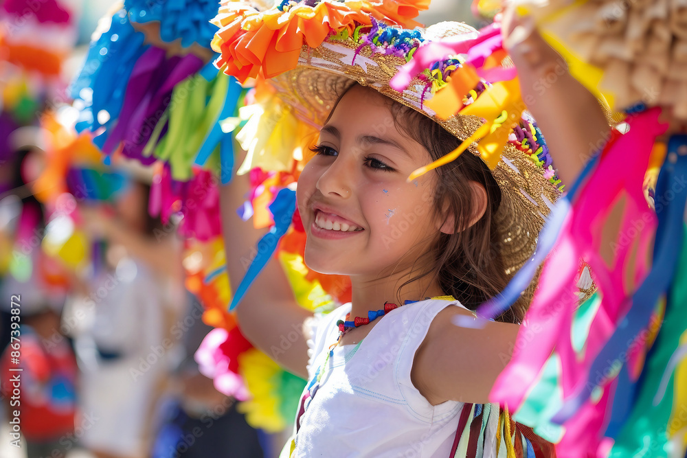 Spanish mexican traditional holiday with hitting colorful handmade pinata hanging toy, Generative AI Spanish mexican traditional holiday with hitting colorful handmade pinata hanging toy, Generative AI