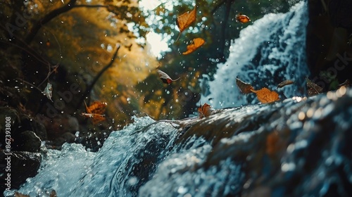 Waterfall cascading down river during autumn period © AkuAku