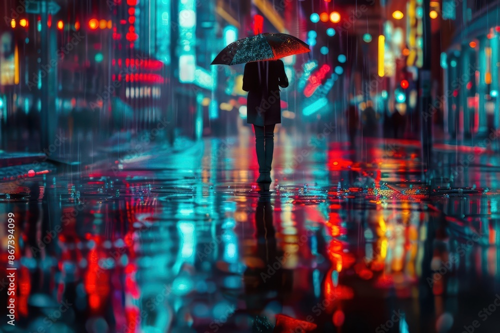 solitary figure with umbrella walking through rainsoaked city street neon lights reflecting in puddles creating moody urban atmosphere solitary figure with umbrella walking through rainsoaked city street neon lights reflecting in puddles creating moody urban atmosphere