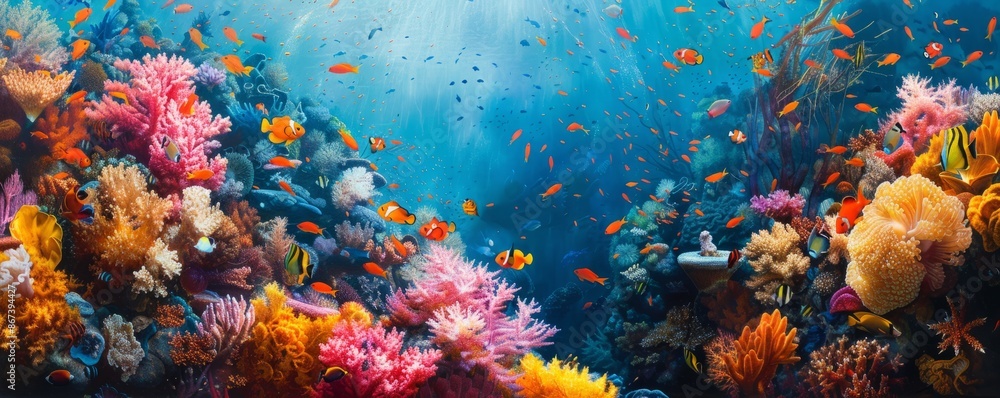 A vibrant coral reef bustling with activity, with colorful fish darting among intricate coral formations. A vibrant coral reef bustling with activity, with colorful fish darting among intricate coral formations.