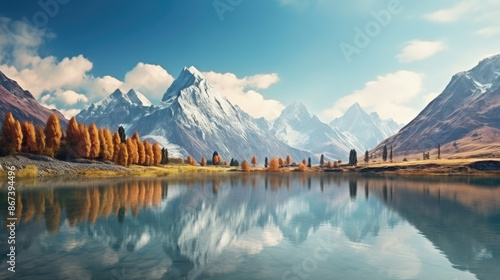 Mountain panorama of a beautiful alpine autumn view with reflections in a lake. Mountain landscape, lake and mountain range, large panorama. 3d render, generative ai photo