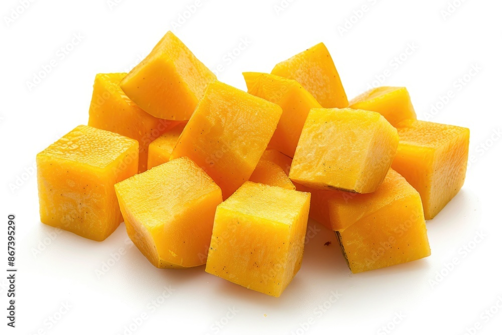 A stack of fresh yellow squash cubes on a clean white surface, ideal for use in food styling or as a prop for recipe images A stack of fresh yellow squash cubes on a clean white surface, ideal for use in food styling or as a prop for recipe images