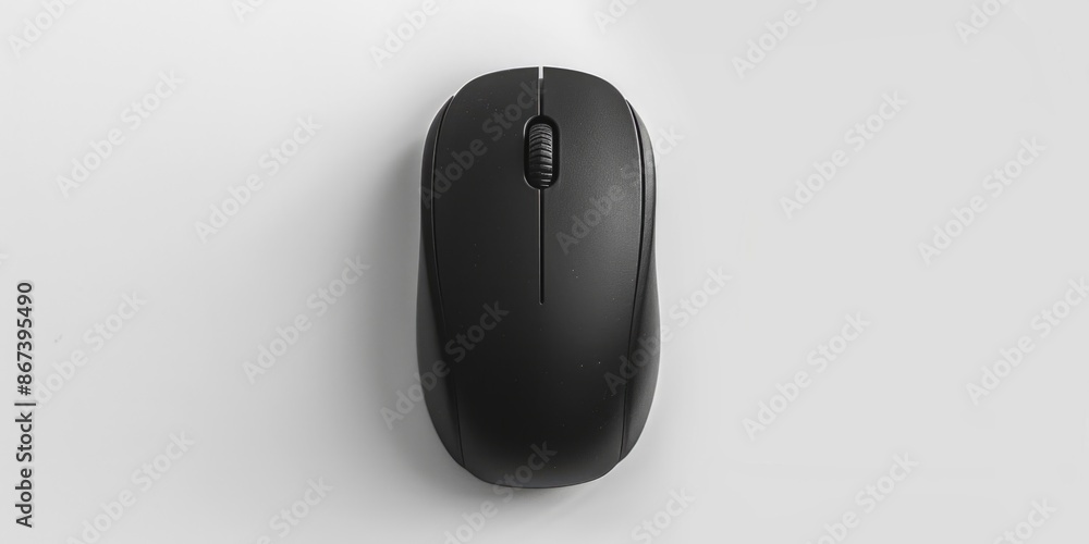 A black computer mouse sitting on a white surface, great for use in product photography or as a simple design element