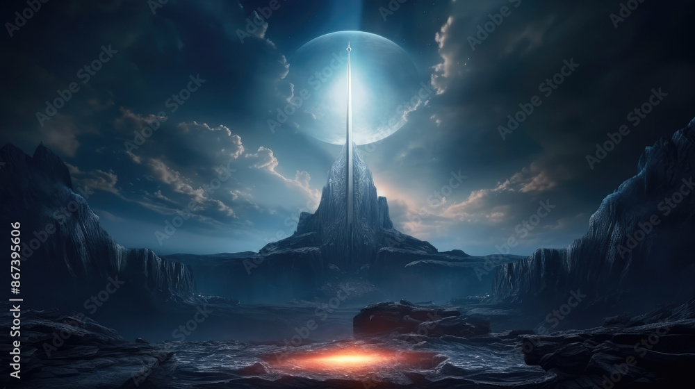 Fantasy background with a sword in a stone with light rays, moon and ...