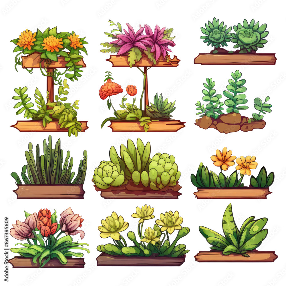 Fototapeta premium Various succulent plants in colorful arrangements, perfect for garden and home decor themes.