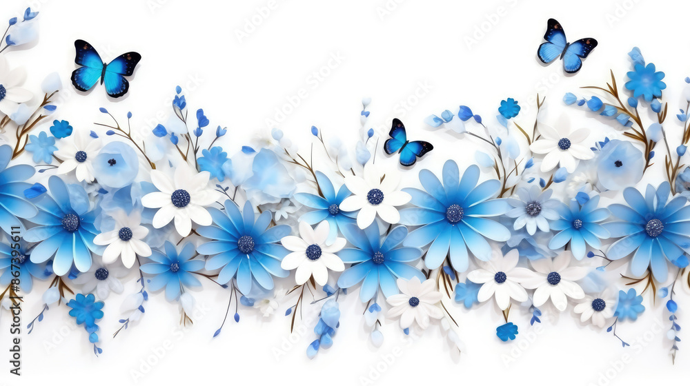 Flower border frame made of white and blue Daisy flowers and butterflies on white background. Seamless Greeting floral card template with copy space., generative ai Flower border frame made of white and blue Daisy flowers and butterflies on white background. Seamless Greeting floral card template with copy space., generative ai