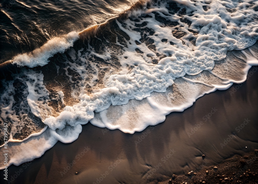 Top view: dark waves with white foam crashing on the dark sandy beach ...