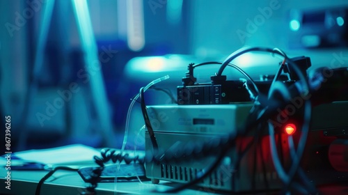 tense polygraph examination scene closeup of lie detector machine with fluctuating needle dramatic lighting emphasizes suspense and psychological tension