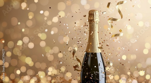 Champagne Bottle With Gold Confetti and Bokeh Lights