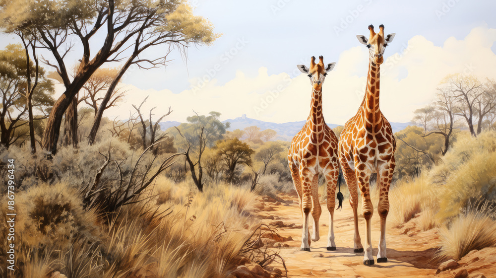 Obraz premium Giraffe Couple Walking, generative ai