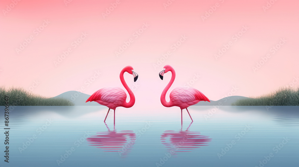 Naklejka premium Two pink flamingos couple standing in lake., generative ai