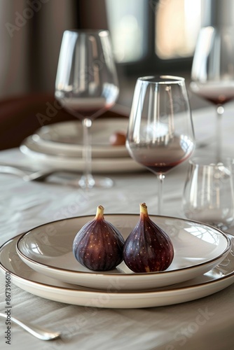 Two Halved Figs on a Speckled Plate With Wine Glasses and Fruit