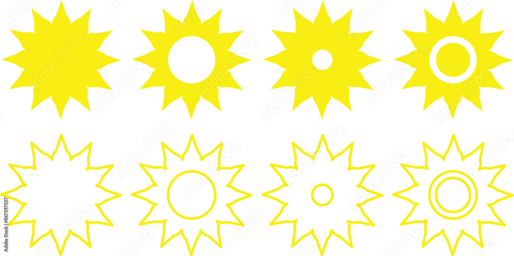Sun icon set. Sun icons isolated on white background. Yellow sun icon vector illustration Sun icon set. Sun icons isolated on white background. Yellow sun icon vector illustration