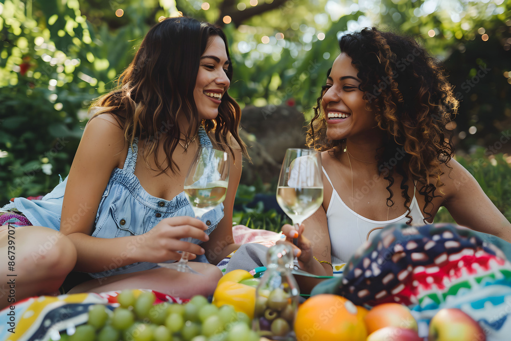 Fototapeta premium Lesbian couple in love on a picnic in the park. Two women are enjoying a picnic, laughing and drinking wine.
