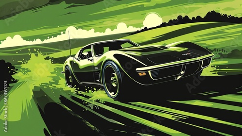 Stylized illustration of a classic Corvette car in a dynamic pose with a green countryside background photo