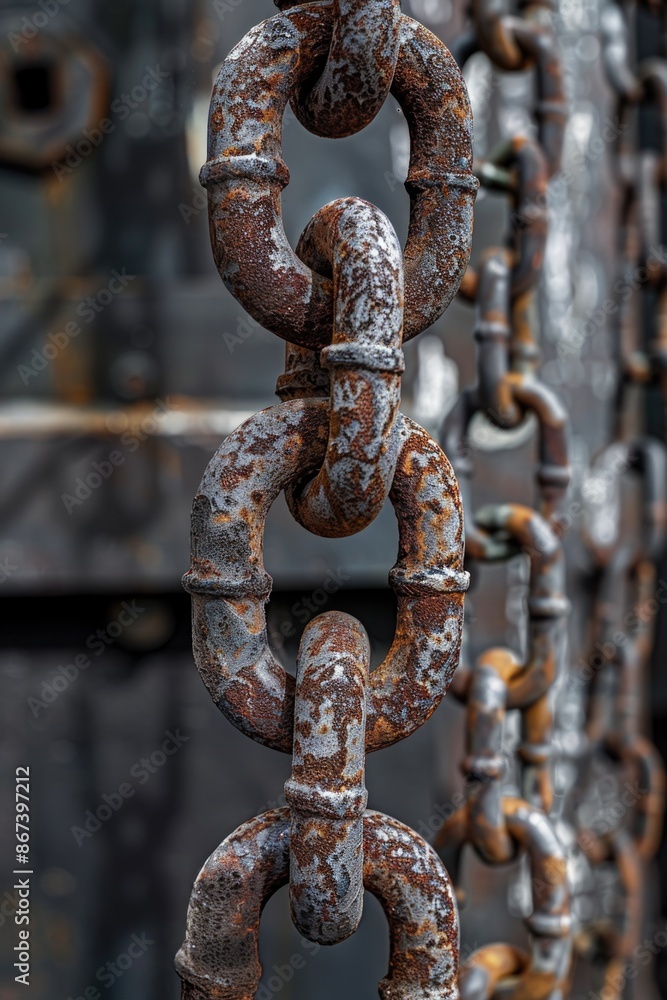 A rusted metal chain hangs from a building, possibly old and abandoned A rusted metal chain hangs from a building, possibly old and abandoned
