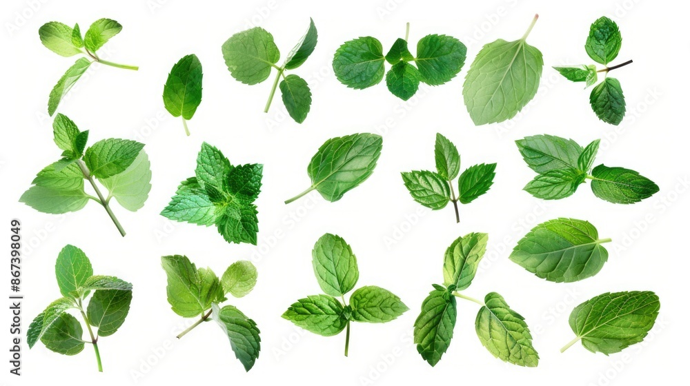 A collection of fresh green leaves placed on a clean white surface A collection of fresh green leaves placed on a clean white surface