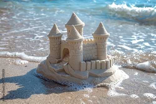 Realistic sand castle with intricate details on a beach with waves approaching it photo