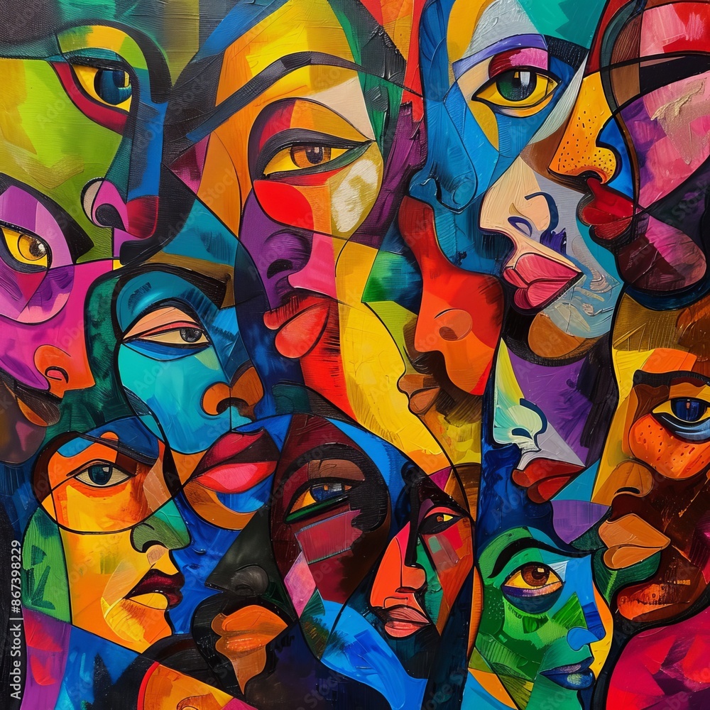Colorful abstract oil painting depicting a diverse group of people with their faces looking in different directions, symbolizing the complexity of human emotions and perspectives Colorful abstract oil painting depicting a diverse group of people with their faces looking in different directions, symbolizing the complexity of human emotions and perspectives