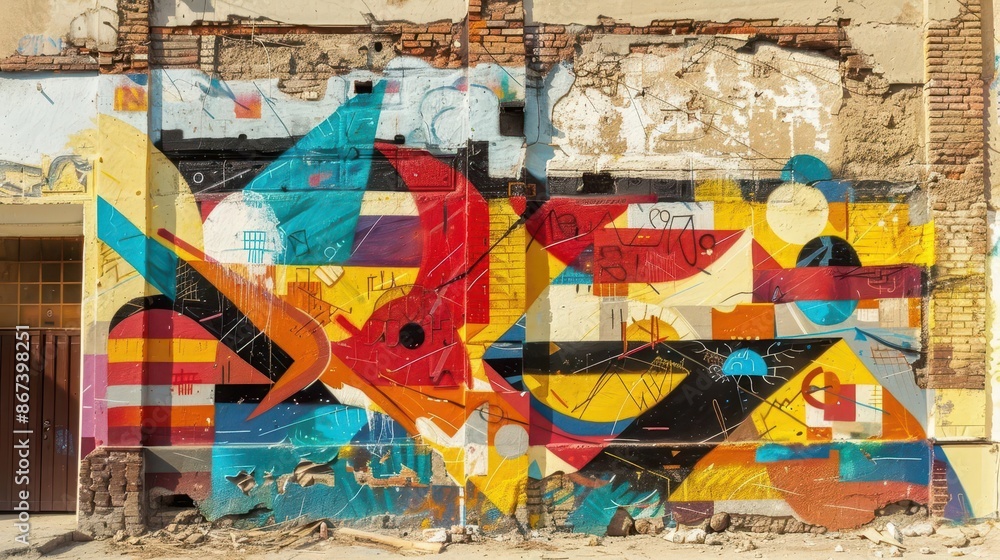 vibrant street art mural depicting urban life spraypainted on a ...