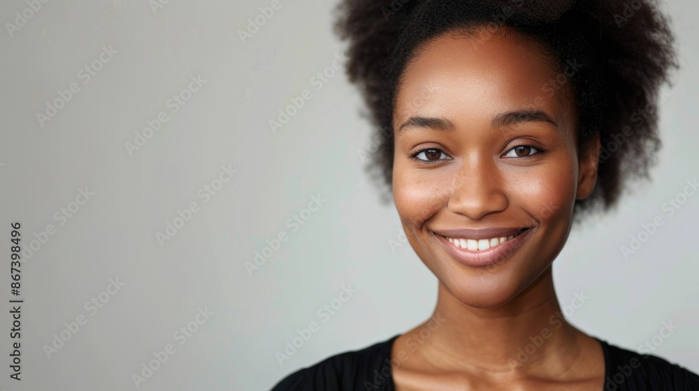 Beautiful African American woman with smiling afro hair looking at the camera in a fashion and beauty photoshoot Beautiful African American woman with smiling afro hair looking at the camera in a fashion and beauty photoshoot