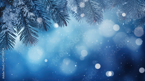 Fir Branch and Snow Flakes on bokeh background. Christmas and New Year holidays Background with on bokeh shining background, generative ai