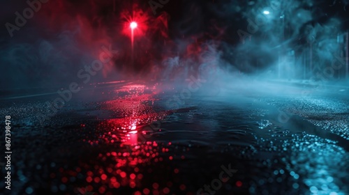 A wet street with a red light on a dark and rainy night