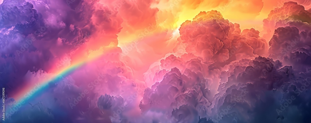 A vibrant rainbow stretching across the sky after a summer rainstorm, its colors vivid against the dark clouds.