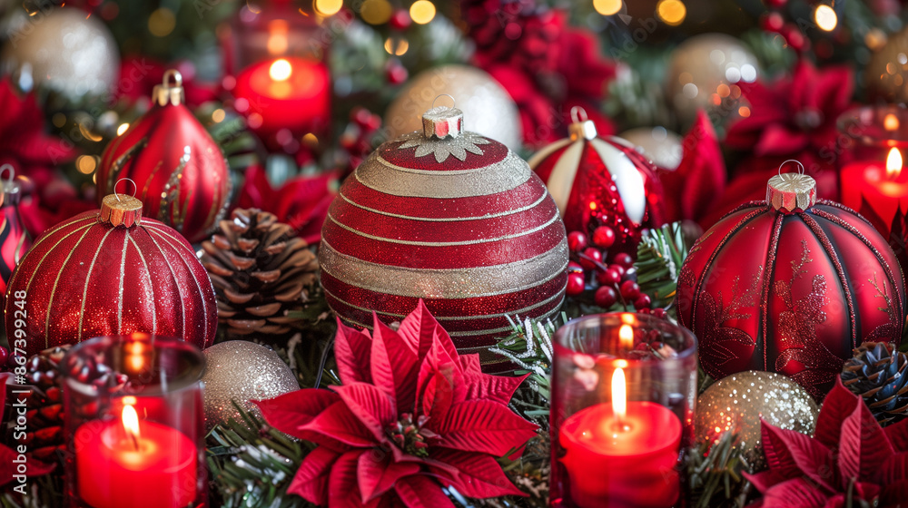 christmas tree decorations. Festive still life: Red and gold Christmas baubles, pine cones, poinsettia flowers, and lit candles create a warm and celebratory ambiance christmas tree decorations. Festive still life: Red and gold Christmas baubles, pine cones, poinsettia flowers, and lit candles create a warm and celebratory ambiance