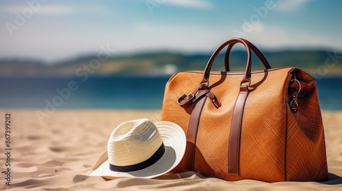 Concept summer holiday. bag, straw hat, sunglasses on sandy tropical beach with palms against ocean. summer vacation concept, generative ai