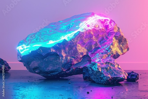 A large rock with a neon light on top, suitable for use in futuristic or sci-fi themed designs photo