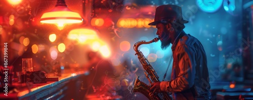 A musician playing a soulful melody on a saxophone in a dimly lit jazz club, filling the room with emotion and nostalgia.