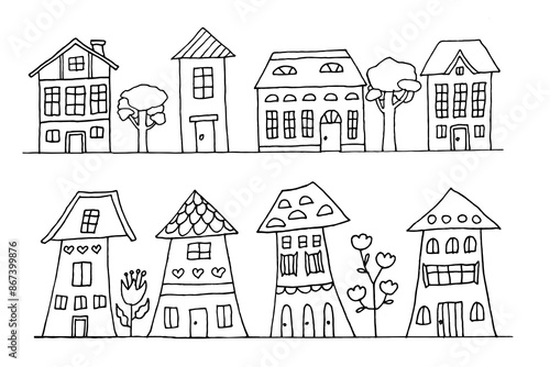 Houses set. Hand-drawn doodle vector urban illustration. Cartoon habitation. Black and white Children's drawings.