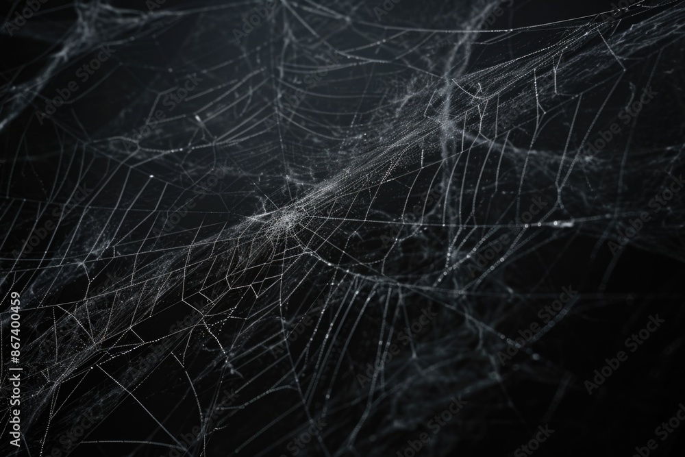 A close-up shot of a spider web against a dark, black background A close-up shot of a spider web against a dark, black background