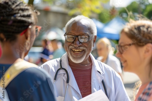 A smiling senior black doctor wearing glasses and a white coat, with a stethoscope around his neck talking to diverse people at an outdoor community event.