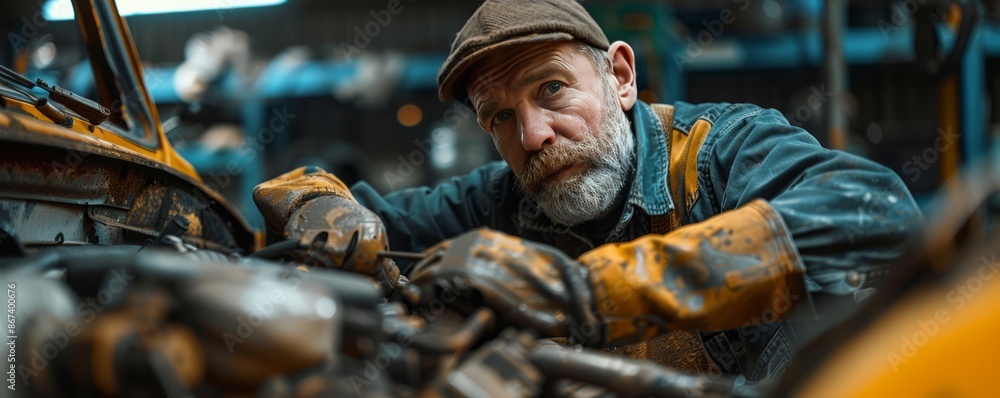 A mechanic repairing a car engine in a garage, covered in grease. A mechanic repairing a car engine in a garage, covered in grease.