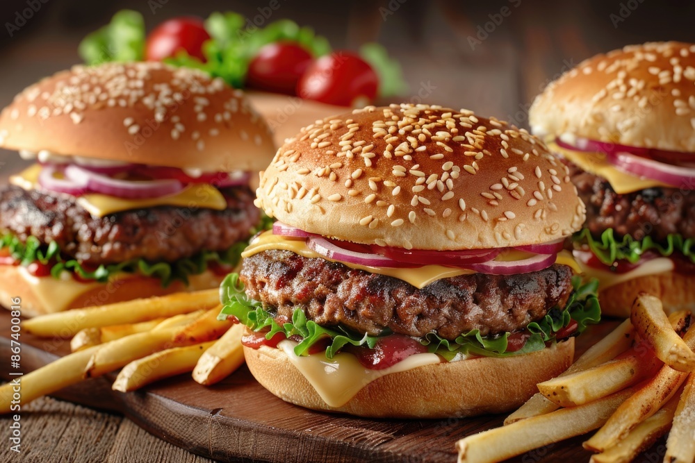 Two hamburgers and French fries arranged on a cutting board, ready for serving or further preparation Two hamburgers and French fries arranged on a cutting board, ready for serving or further preparation
