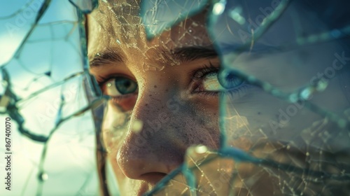 A person gazing out at something through a shattered glass pane