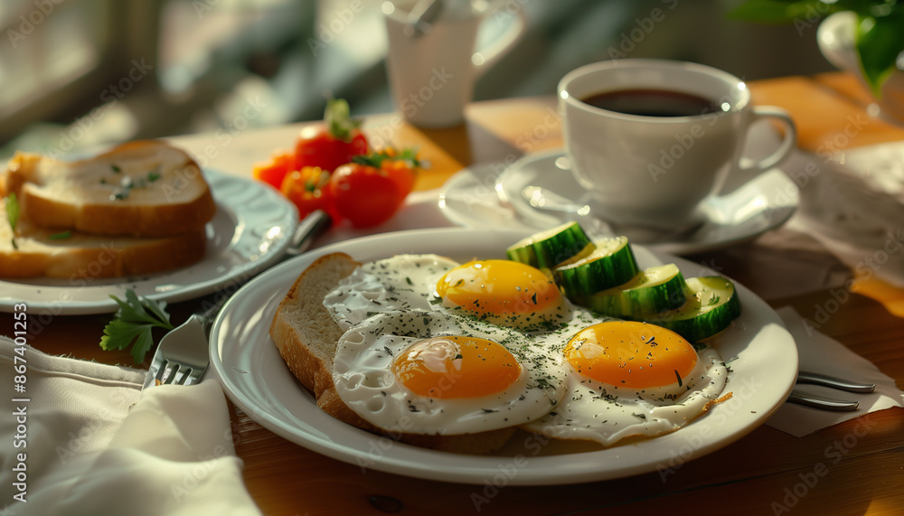 A healthy breakfast in the morning light with fried eggs, vegetables and flavored coffee. generative ai A healthy breakfast in the morning light with fried eggs, vegetables and flavored coffee. generative ai