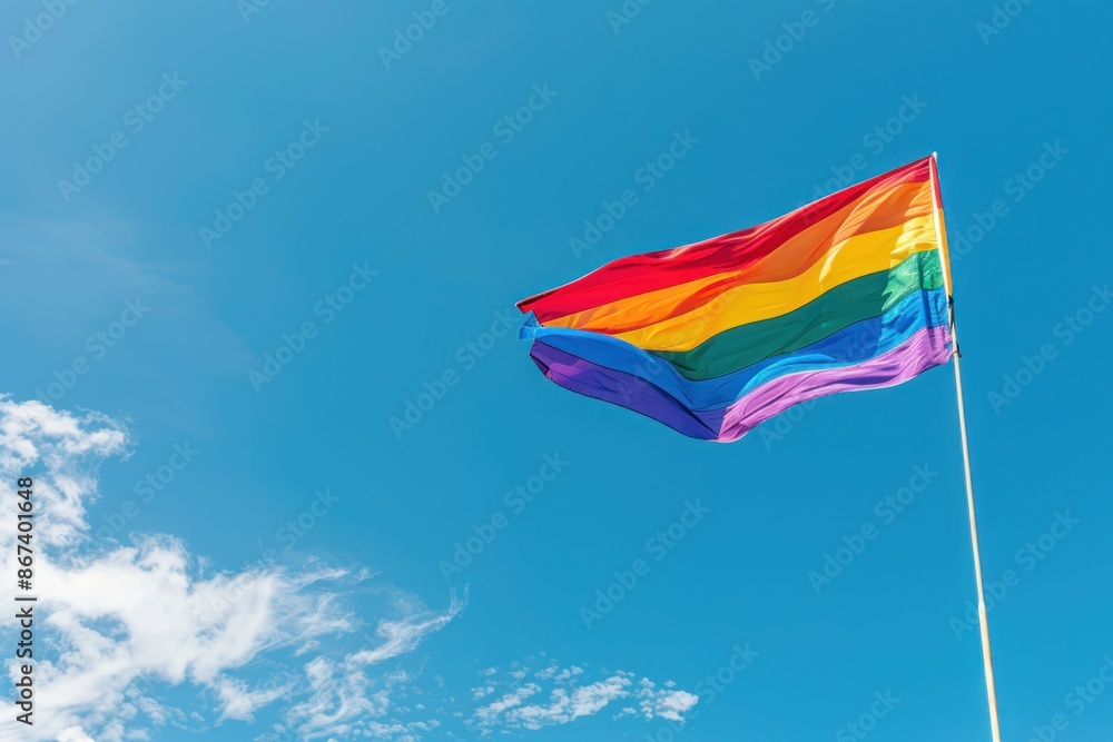 Waving Rainbow Pride Flag Against Blue Sky, Embracing Diversity and Freedom - Generative ai Waving Rainbow Pride Flag Against Blue Sky, Embracing Diversity and Freedom - Generative ai