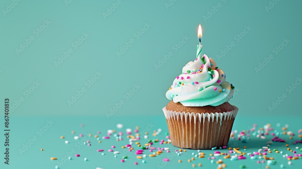 A birthday cupcake with a sparkling candle, against a light green background with text space. A birthday cupcake with a sparkling candle, against a light green background with text space.