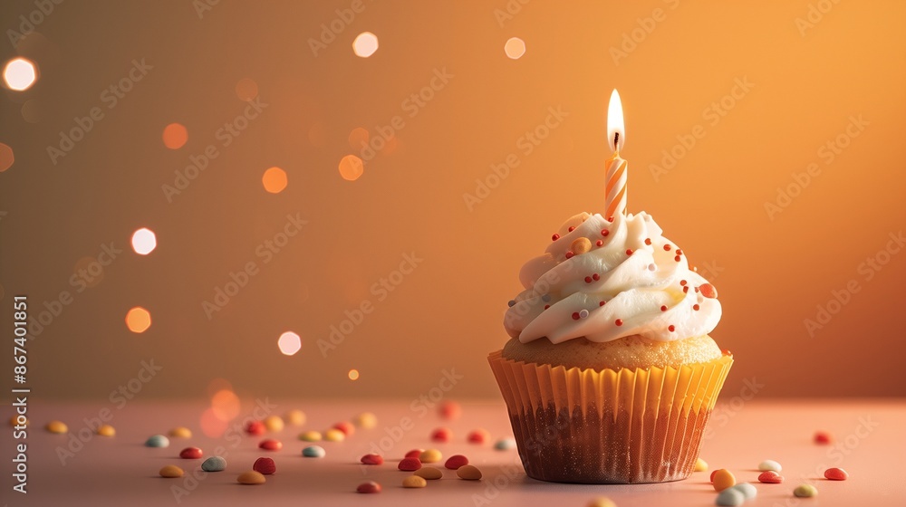 A birthday cupcake with a sparkling candle, against a soft orange background with space for text. A birthday cupcake with a sparkling candle, against a soft orange background with space for text.