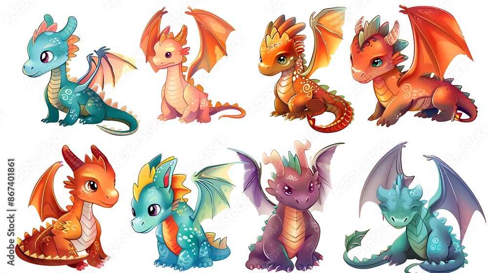 Obraz premium Collection of Cute and Colorful Cartoon Dragons