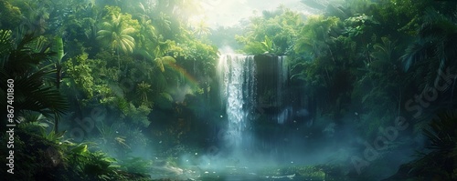 A cascading waterfall surrounded by lush greenery, its mist creating a rainbow in the sunlight.