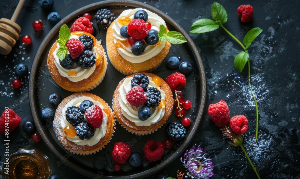 Photo of cupcakes on a plate with honey and wild berries on a rustic background. Perfect for food blogs, recipe websites, and culinary magazines showcasing delightful dessert options. Photo of cupcakes on a plate with honey and wild berries on a rustic background. Perfect for food blogs, recipe websites, and culinary magazines showcasing delightful dessert options.