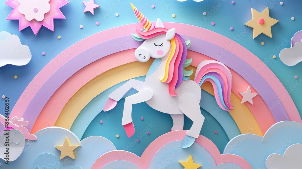 Obraz premium Colorful Unicorn Jumping Over Rainbow with Clouds and Stars