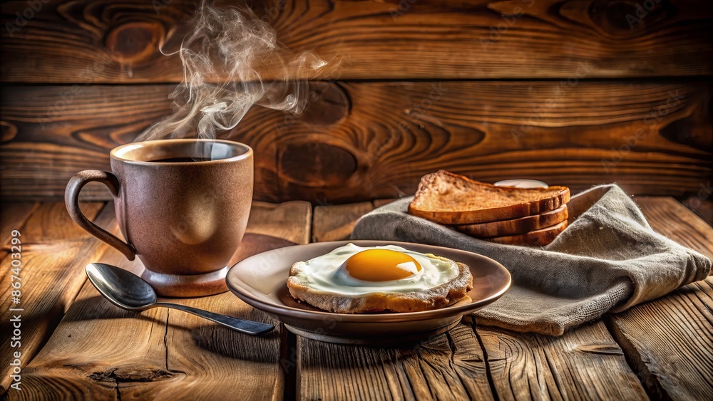 Warmly lit still life of a rustic wooden table setting with a steaming cup of coffee and a single fried egg. Warmly lit still life of a rustic wooden table setting with a steaming cup of coffee and a single fried egg.