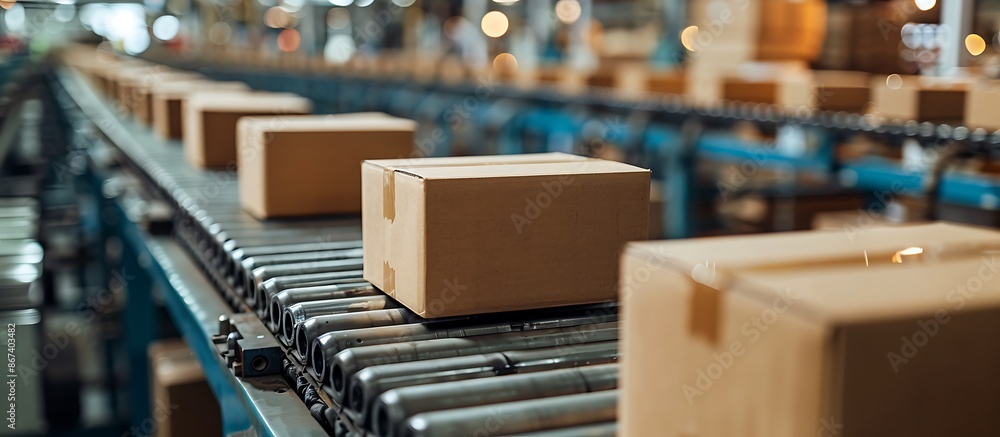 Cardboard boxes moving on a conveyor belt in a distribution warehouse. Cardboard boxes moving on a conveyor belt in a distribution warehouse.