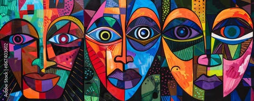 Cubist portrait painting showing five people from diverse backgrounds, highlighting themes of multiculturalism, equality and human rights